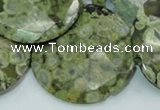 CPS93 15.5 inches 30mm faceted flat round green peacock stone beads