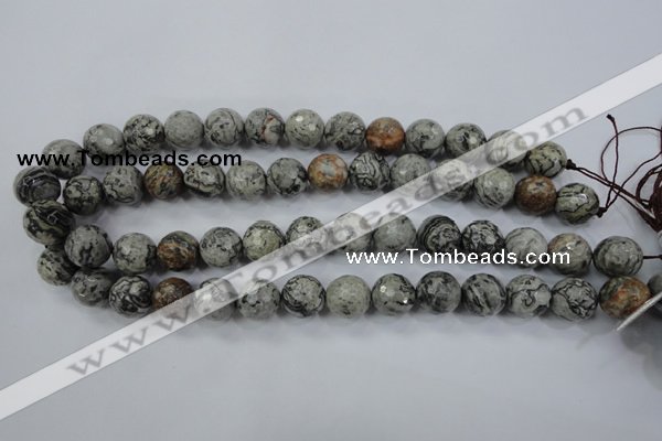 CPT115 15.5 inches 14mm faceted round grey picture jasper beads