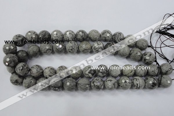 CPT116 15.5 inches 16mm faceted round grey picture jasper beads