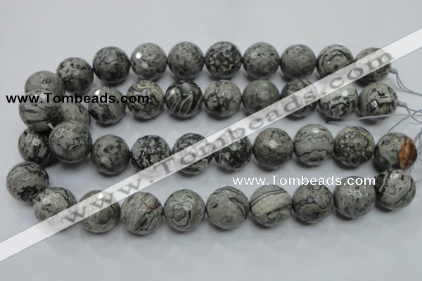 CPT118 15.5 inches 20mm faceted round grey picture jasper beads