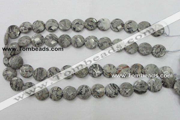 CPT125 15.5 inches 15mm faceted coin grey picture jasper beads