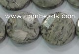 CPT126 15.5 inches 25mm faceted coin grey picture jasper beads