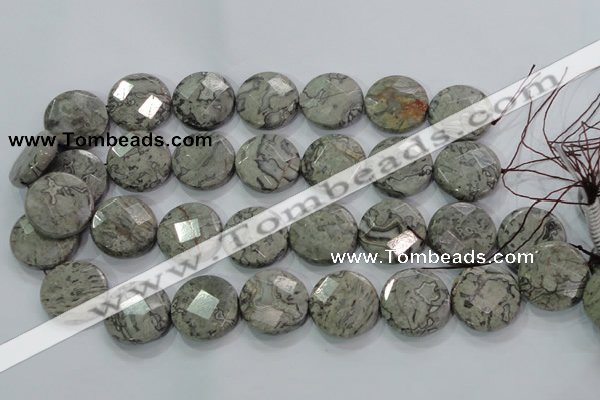 CPT126 15.5 inches 25mm faceted coin grey picture jasper beads