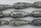 CPT137 15.5 inches 10*30mm faceted teardrop grey picture jasper beads