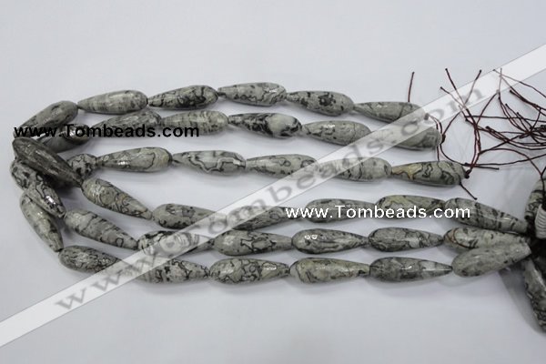 CPT137 15.5 inches 10*30mm faceted teardrop grey picture jasper beads