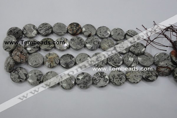 CPT141 15.5 inches 20mm faceted coin grey picture jasper beads