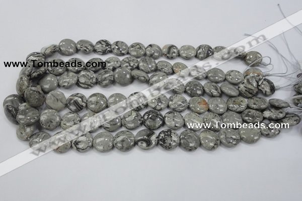 CPT164 15.5 inches 14mm flat round grey picture jasper beads