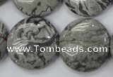 CPT168 15.5 inches 25mm flat round grey picture jasper beads