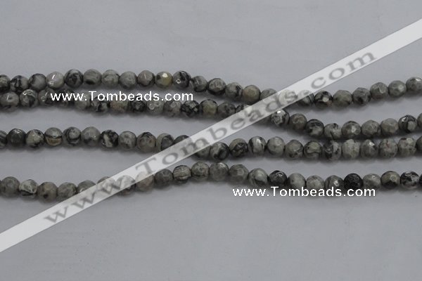 CPT186 15.5 inches 4mm faceted round grey picture jasper beads