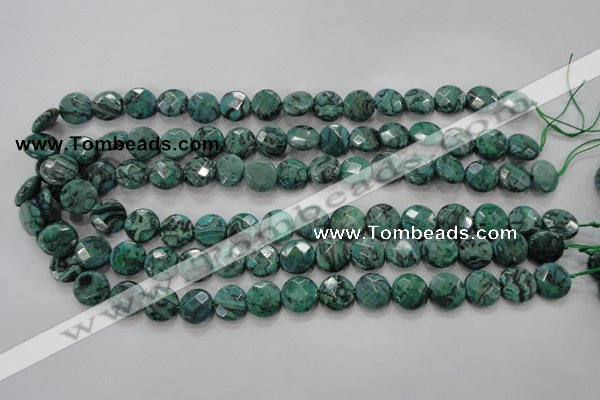 CPT232 15.5 inches 12mm faceted coin green picture jasper beads