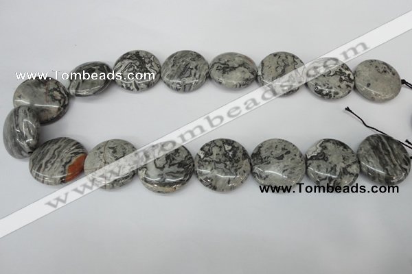 CPT360 15.5 inches 25mm flat round grey picture jasper beads