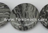 CPT361 15.5 inches 30mm flat round grey picture jasper beads