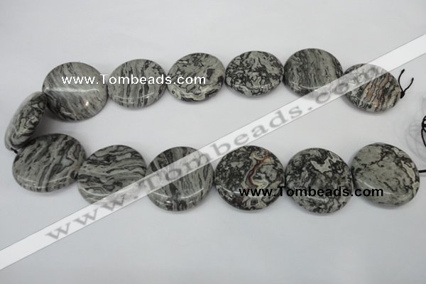 CPT361 15.5 inches 30mm flat round grey picture jasper beads