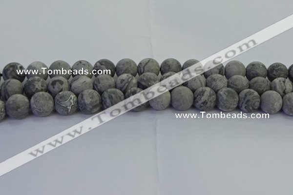 CPT574 15.5 inches 12mm round matte grey picture jasper beads