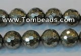 CPY110 15.5 inches 14mm faceted round pyrite gemstone beads wholesale