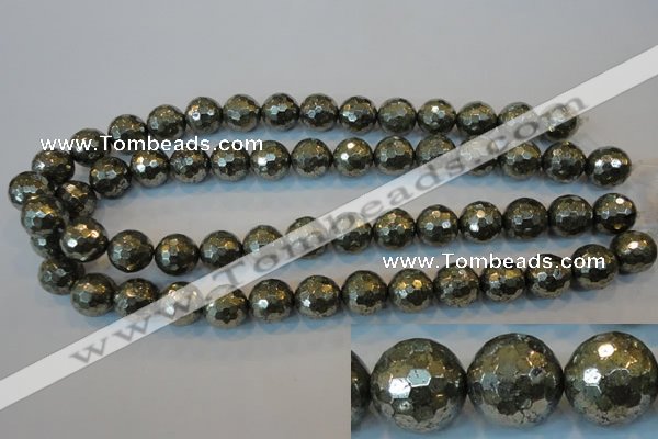 CPY110 15.5 inches 14mm faceted round pyrite gemstone beads wholesale