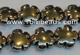 CPY164 15.5 inches 16mm carved flower pyrite gemstone beads wholesale