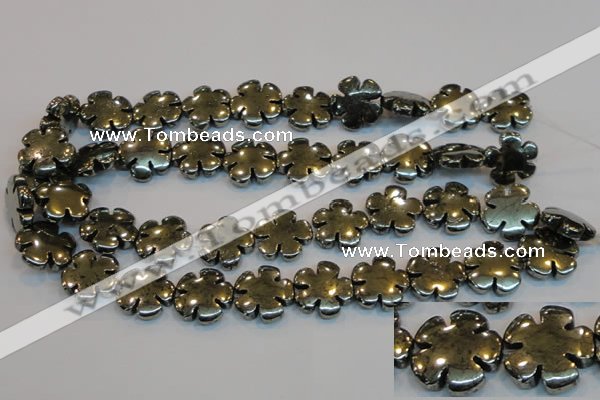 CPY165 15.5 inches 20mm carved flower pyrite gemstone beads wholesale