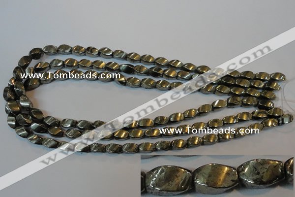 CPY345 15.5 inches 6*10mm twisted rice pyrite gemstone beads wholesale