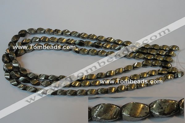 CPY345 15.5 inches 6*10mm twisted rice pyrite gemstone beads wholesale