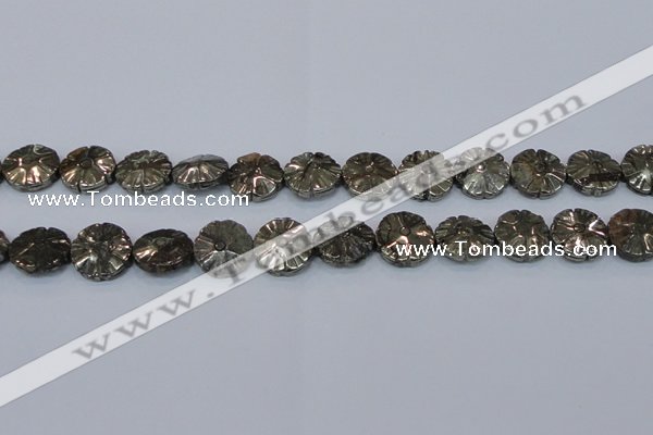 CPY660 15.5 inches 15mm carved flower pyrite gemstone beads