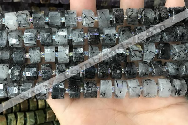 CRB2192 15.5 inches 10mm - 11mm faceted tyre black rutilated quartz beads