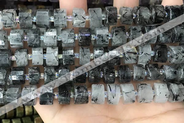 CRB2193 15.5 inches 11mm - 12mm faceted tyre black rutilated quartz beads