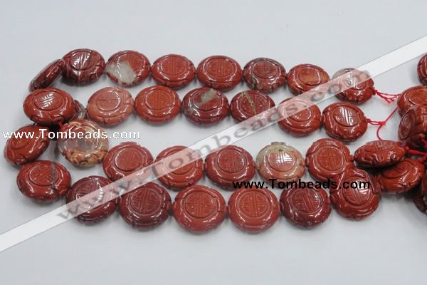 CRE20 16 inches 25mm carved coin natural red jasper beads wholesale