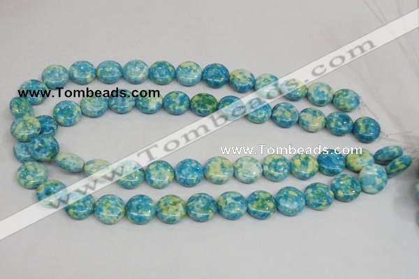 CRF118 15.5 inches 14mm flat round dyed rain flower stone beads