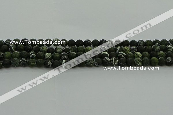 CRO1121 15.5 inches 6mm round matte green silver line jasper beads