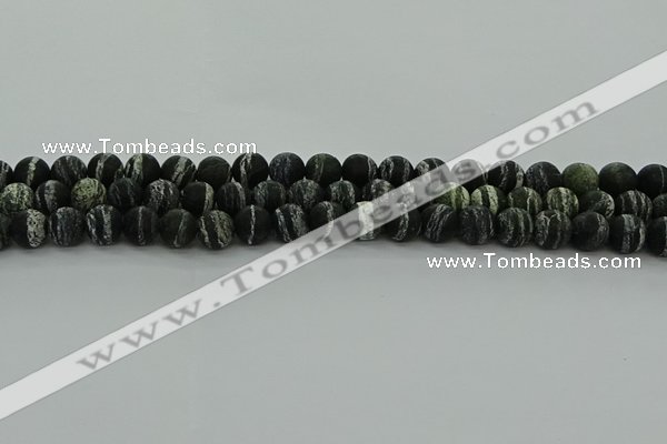 CRO1122 15.5 inches 8mm round matte green silver line jasper beads