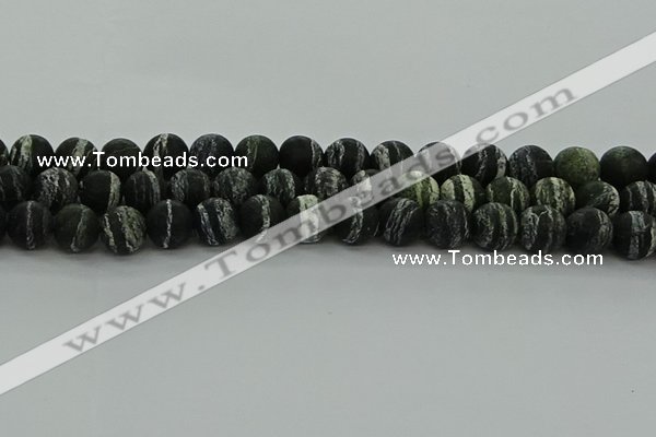 CRO1124 15.5 inches 12mm round matte green silver line jasper beads