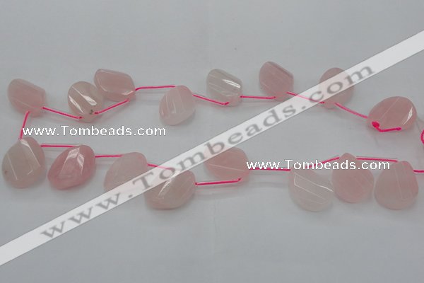 CRQ735 18*25mm faceted & twisted flat teardrop rose quartz beads