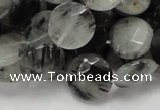 CRU04 15.5 inches 15mm faceted flat round black rutilated quartz beads