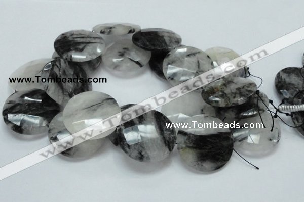 CRU07 15.5 inches 40mm faceted flat round black rutilated quartz beads