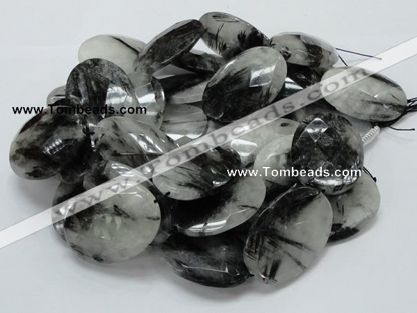 CRU21 15.5 inches 35*50mm faceted oval black rutilated quartz beads