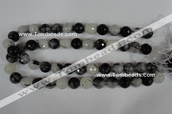 CRU316 15.5 inches 14mm faceted round black rutilated quartz beads