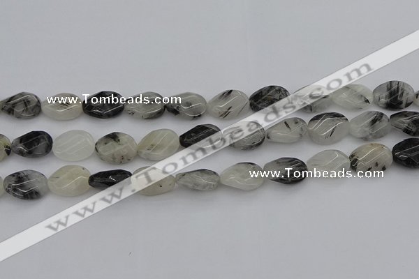 CRU354 13*18mm twisted & faceted oval black rutilated quartz beads