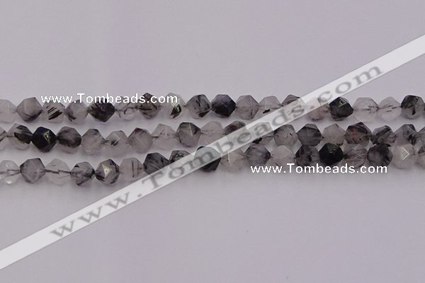 CRU512 15.5 inches 8mm faceted nuggets black rutilated quartz beads