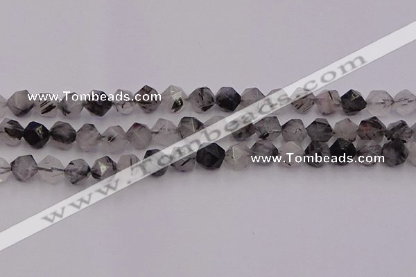 CRU513 15.5 inches 10mm faceted nuggets black rutilated quartz beads