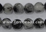 CRU61 15.5 inches 14mm faceted round black rutilated quartz beads