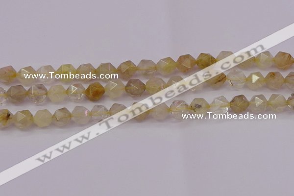 CRU623 15.5 inches 10mm faceted nuggets golden rutilated quartz beads