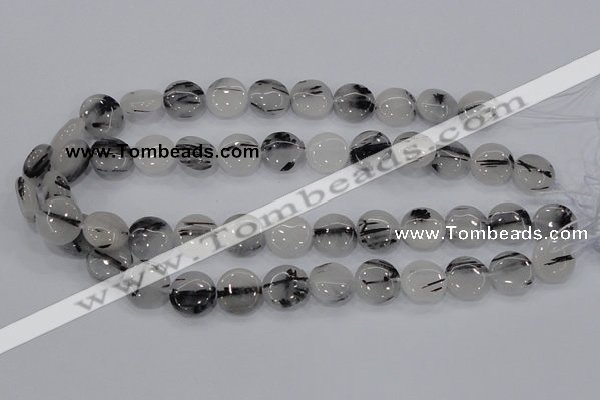 CRU80 15.5 inches 14mm flat round black rutilated quartz beads