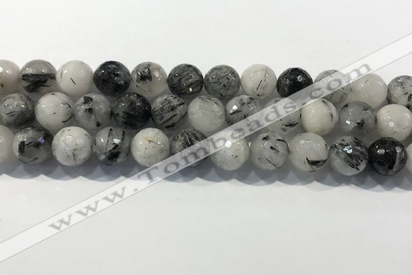 CRU935 15.5 inches 13mm faceted round black rutilated quartz beads