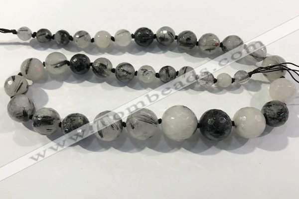CRU938 8mm - 18mm faceted round black rutilated quartz graduated beads