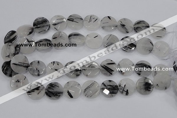 CRU94 15.5 inches 20mm faceted coin black rutilated quartz beads