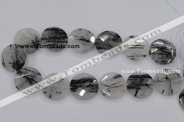 CRU95 15.5 inches 30mm faceted coin black rutilated quartz beads