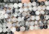 CRU958 15.5 inches 8mm faceted round black rutilated quartz beads