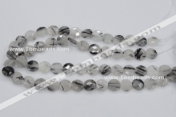 CRU97 15.5 inches 16mm faceted coin black rutilated quartz beads