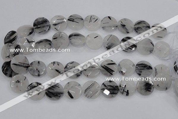 CRU98 15.5 inches 22mm faceted coin black rutilated quartz beads